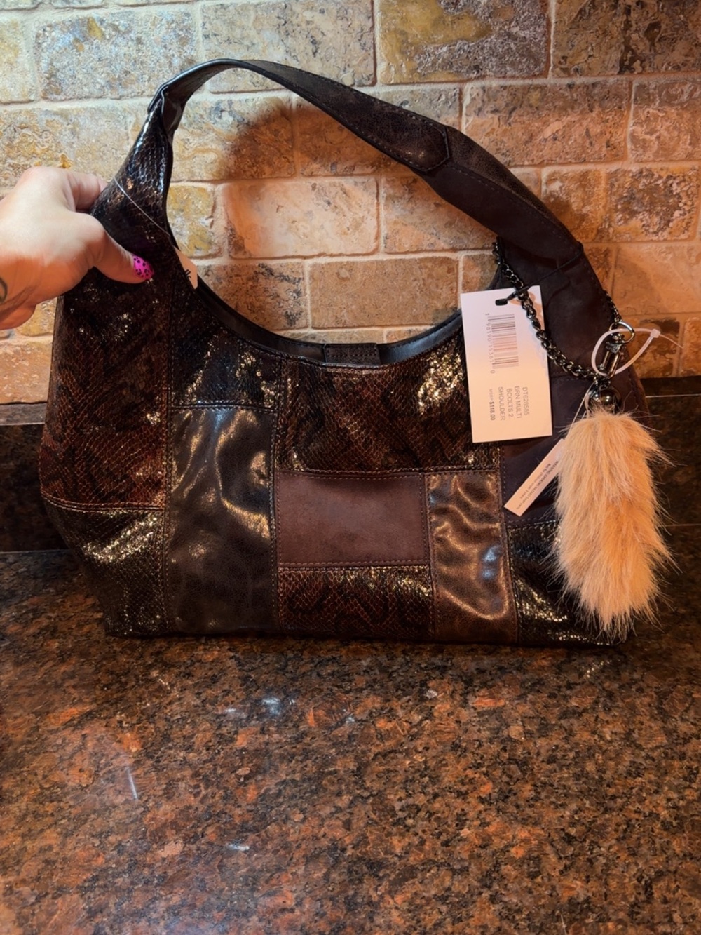 Steve Madden Brown Patchwork Shoulder Bag with Fur Pom Charm